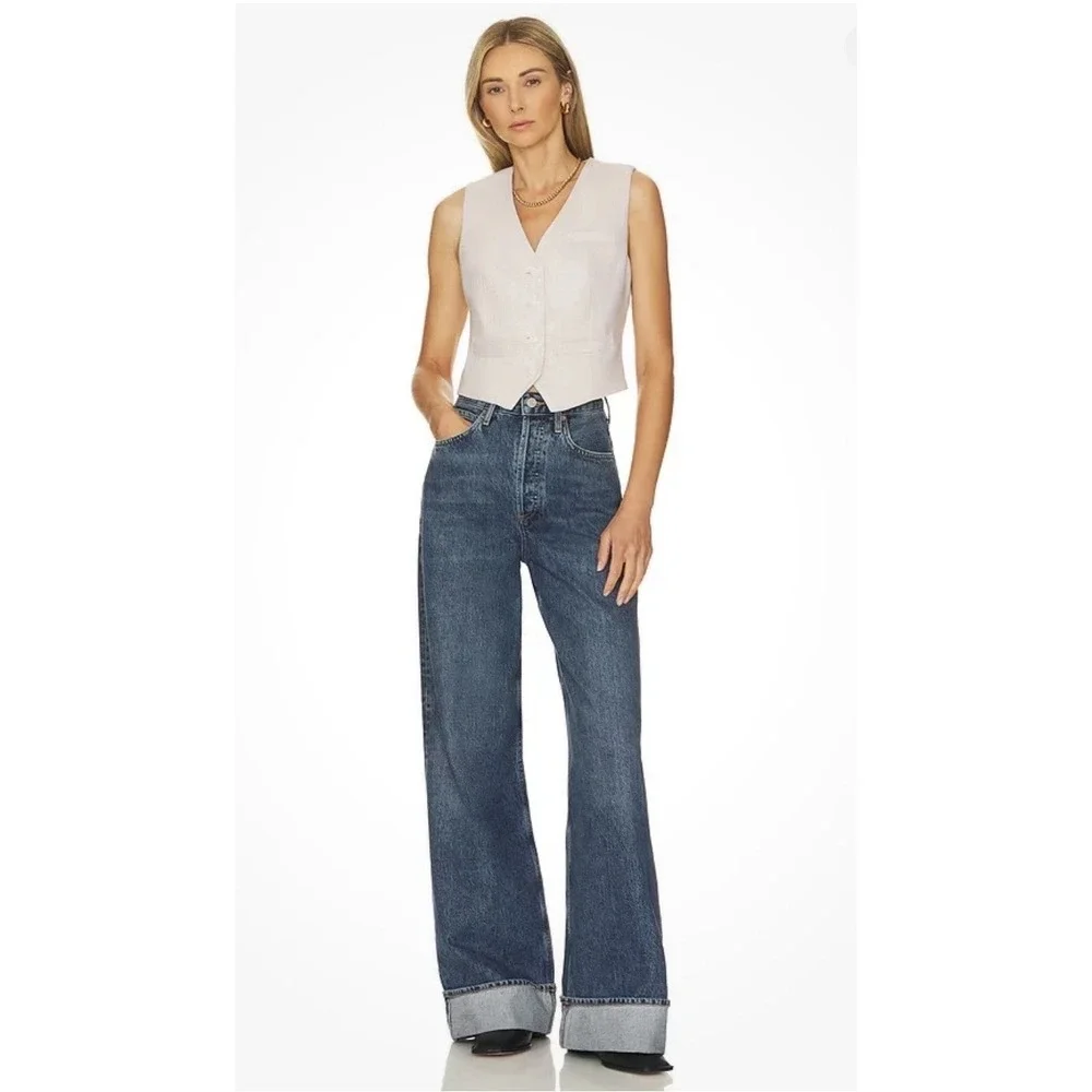 AGOLDE Dame Wide Leg Cuffed Jeans 30 High Rise Dark Wash 100% Cotton